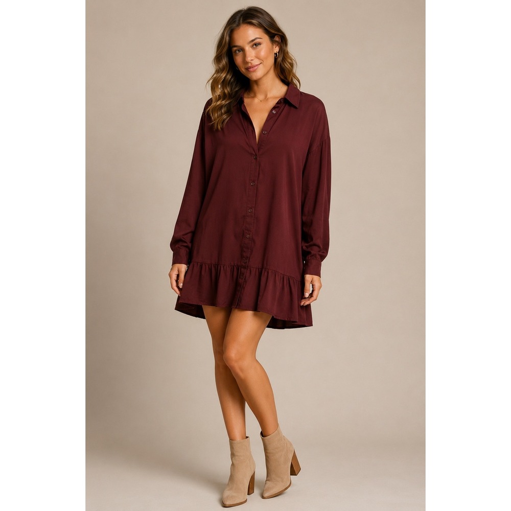 Burgundy Wine Oversized Shirt Dress Ruffle Hem Romantic Boho XL Fall Dark Femme